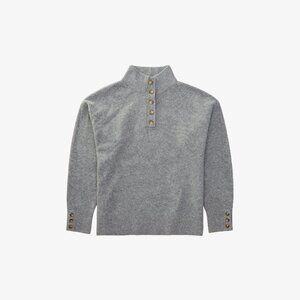 Classic Grey Knit Sweater with Wooden Buttons - Chic Mock Neck Pullover